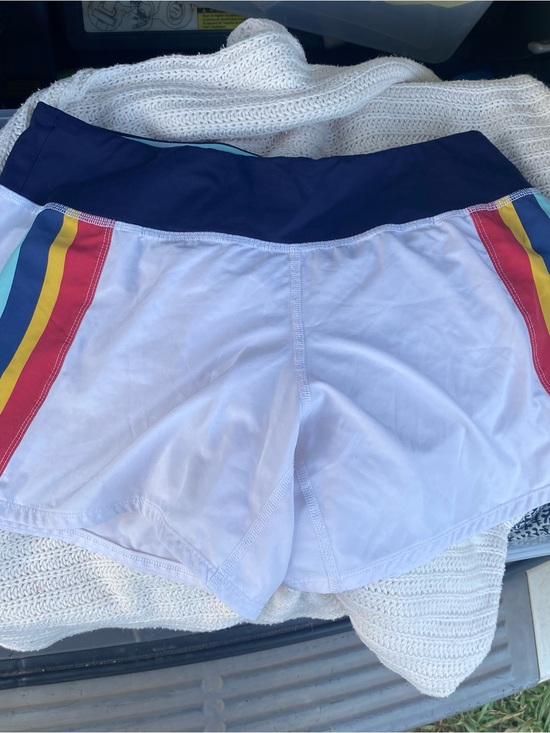 Brooks Pants - Brooks White Athletic Shorts with Navy Waistband and Multicolor Stripe